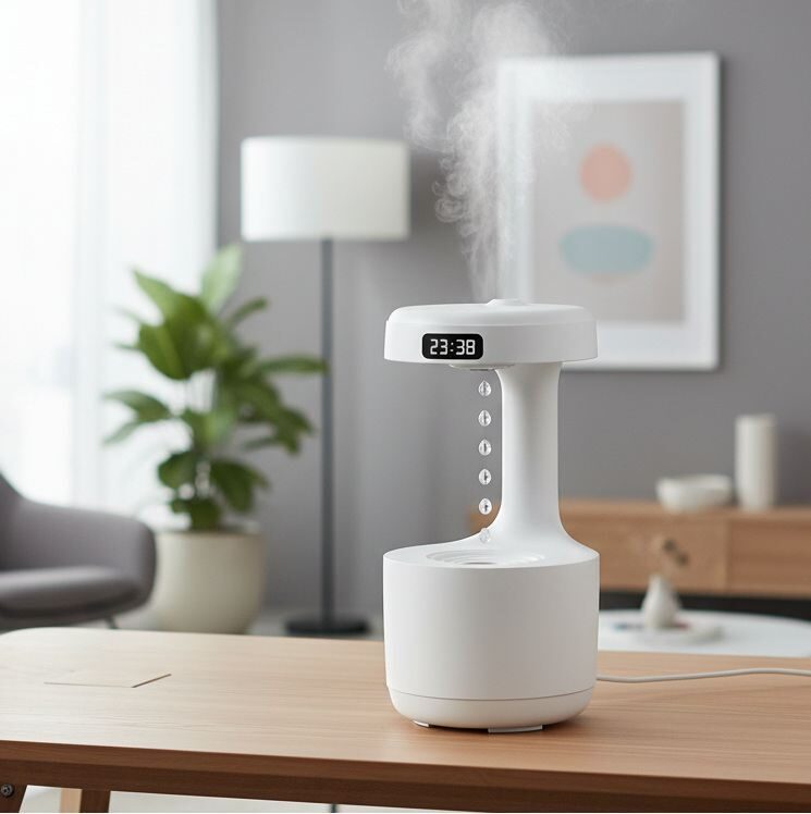 Anti-gravitācijas mitrinātājs un aromadifuzors Q-LV001 800 ml ar LED displeju un peldošu pilienu efektu