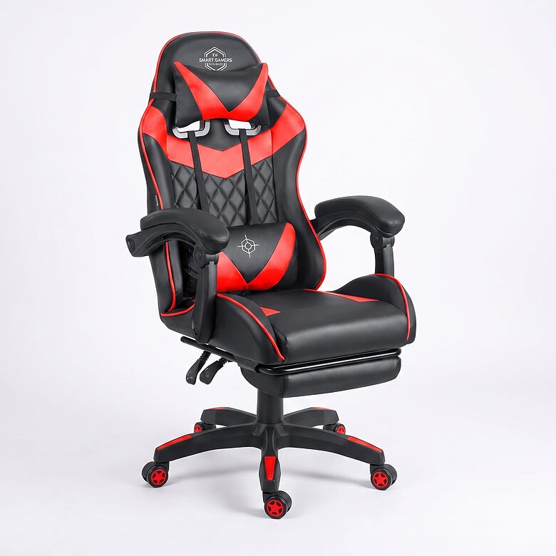 Melni sarkans ergonomisks datorkrēsls ar kāju balstu līdz 150 kg