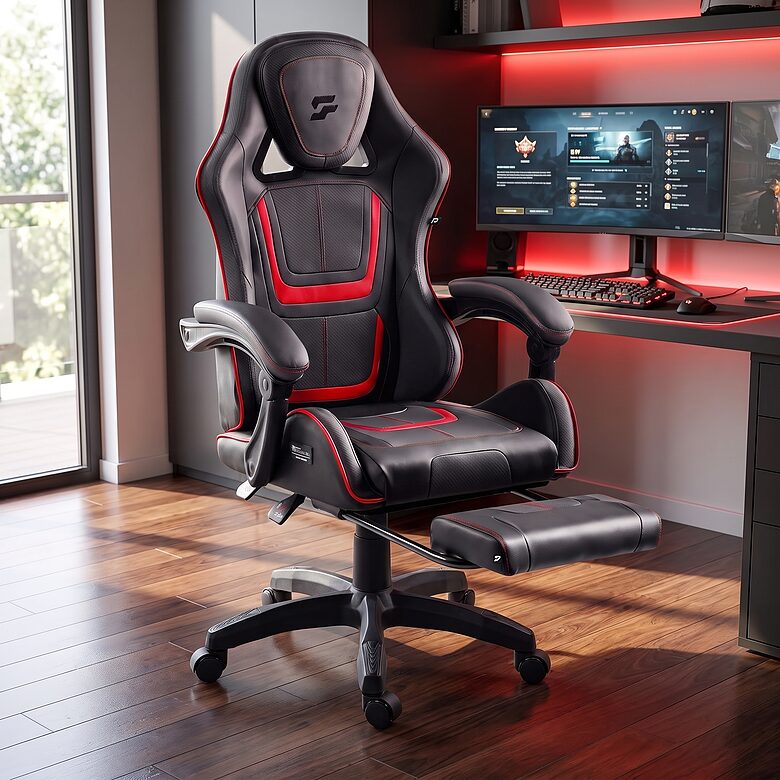 Melns gaming datorkrēsls ar izvelkamu kāju balstu līdz 120 kg