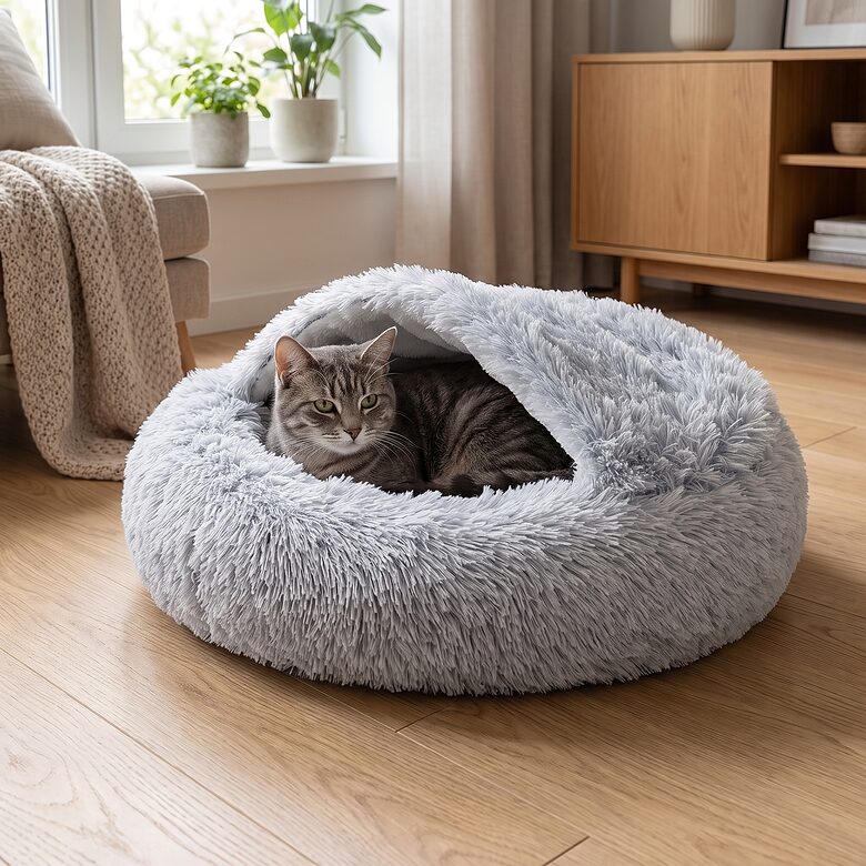 Pelēka plīša guļvieta kaķiem ar jumtiņu, 44 × 38 cm