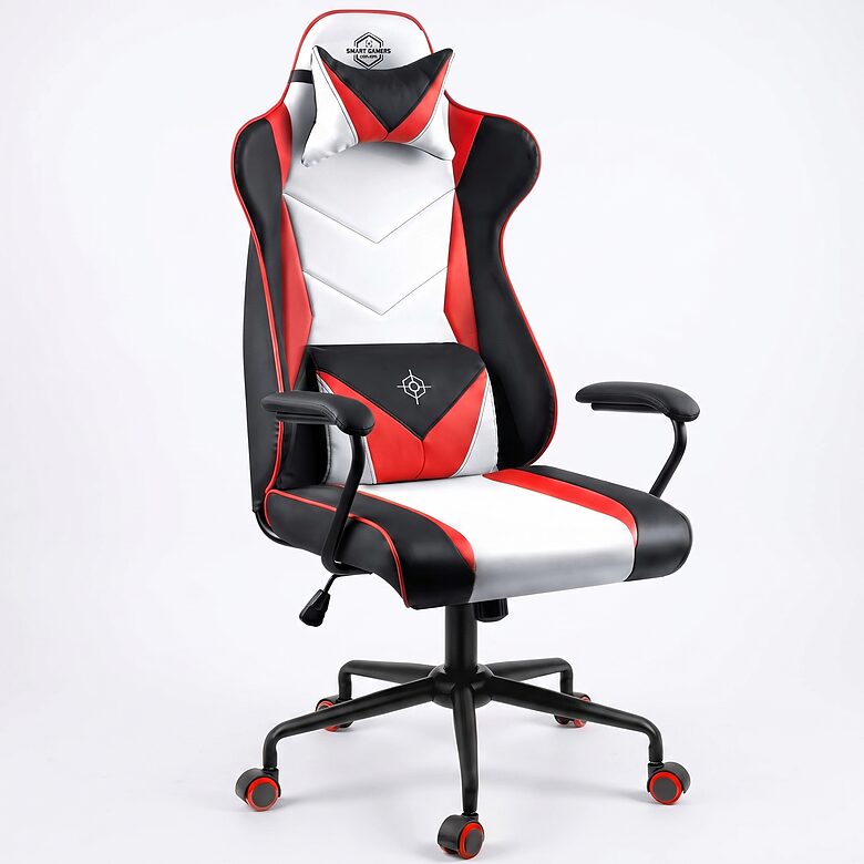 Sarkani balts ergonomisks datorkrēsls ar diviem spilveniem līdz 120 kg