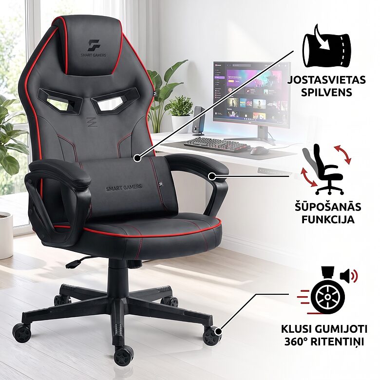 Melns ergonomisks gaming datorkrēsls ar jostasvietas spilvenu līdz 120 kg