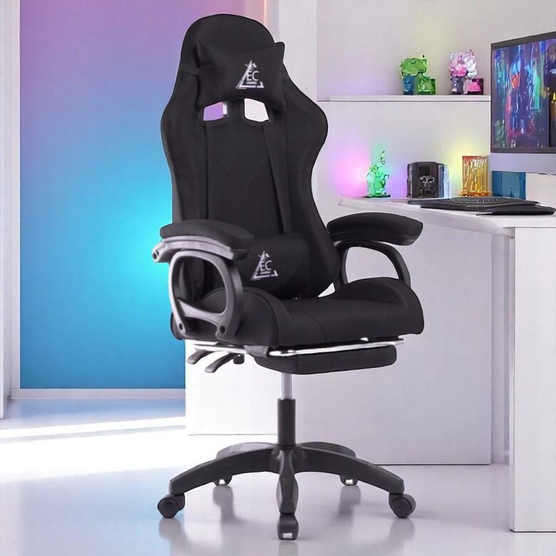 Ergonomisks biroja krēsls ar masāžas funkciju, regulējamu atzveltni un eko ādas/auduma apdari, melns – līdz 150 kg