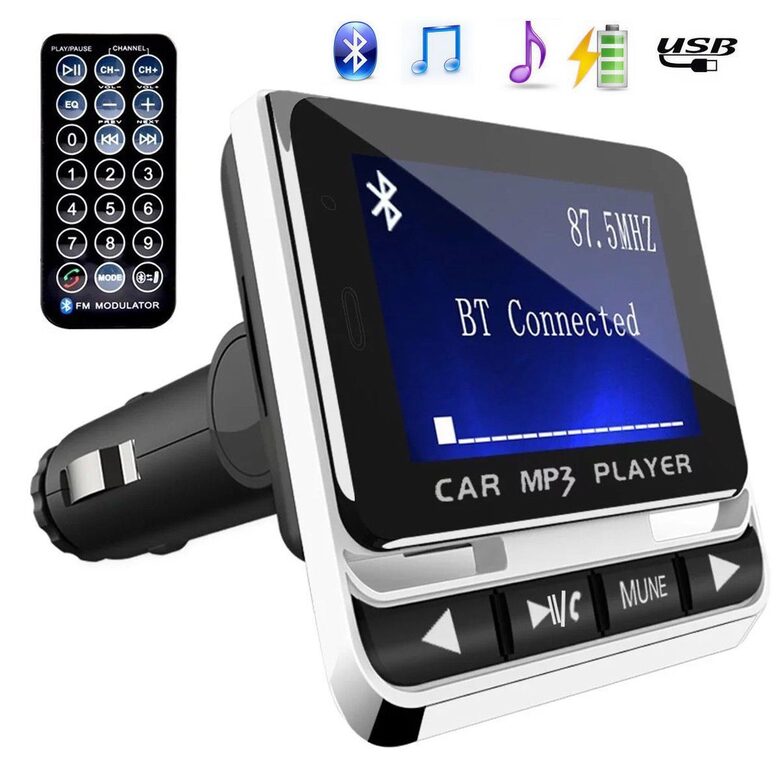 FM modulators, transmiteris ar bluetooth, lādētāju un pulti, brīvroku zvanu funkcija