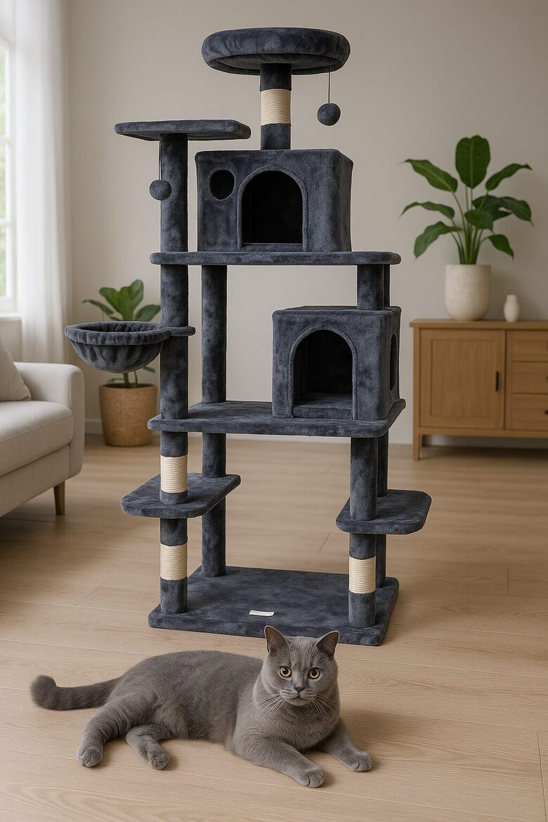 Liels Daudzlīmeņu Kaķu Koks ar Guļvietām, Skrāpēšanas Stabiem un Rotaļlietām – 174 cm Augsts, Piemērots 1–4 Kaķiem
