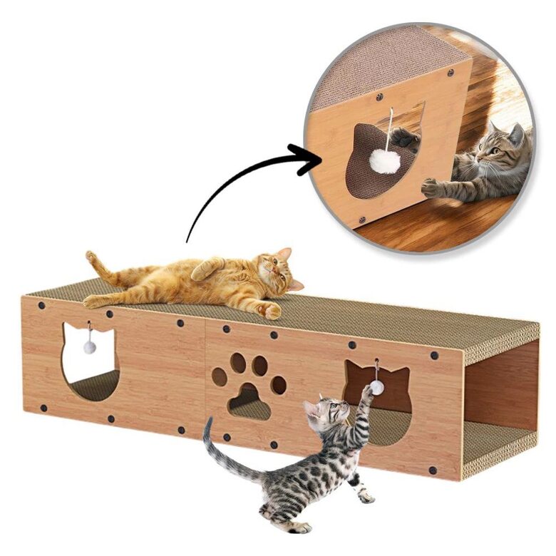 Kaķu Māja ar Skrāpējamo Virsmu un Gultiņu – 3-vienā Dizains, 100x29x30cm, Neslīdošs, No Gofrēta Kartona un Koka