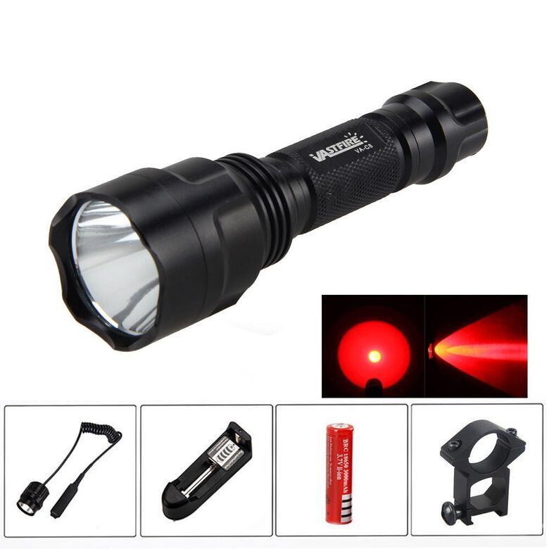 Medību lukturis ar SARKANU gaismu. Komplekts: Lukturis, akumulators, lādētājs, kronšteins, distances slēdzis