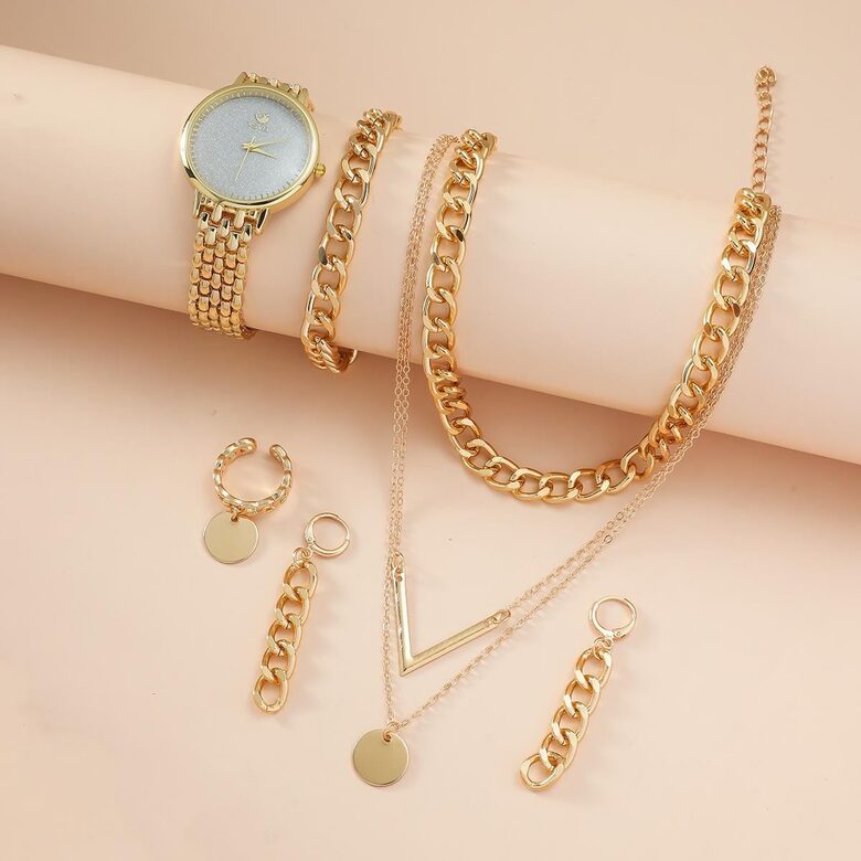Rotaslietas: komplekts- Pulkstenis, auskari, rokassprādze, kaklarota, gredzens, zelta krāsa