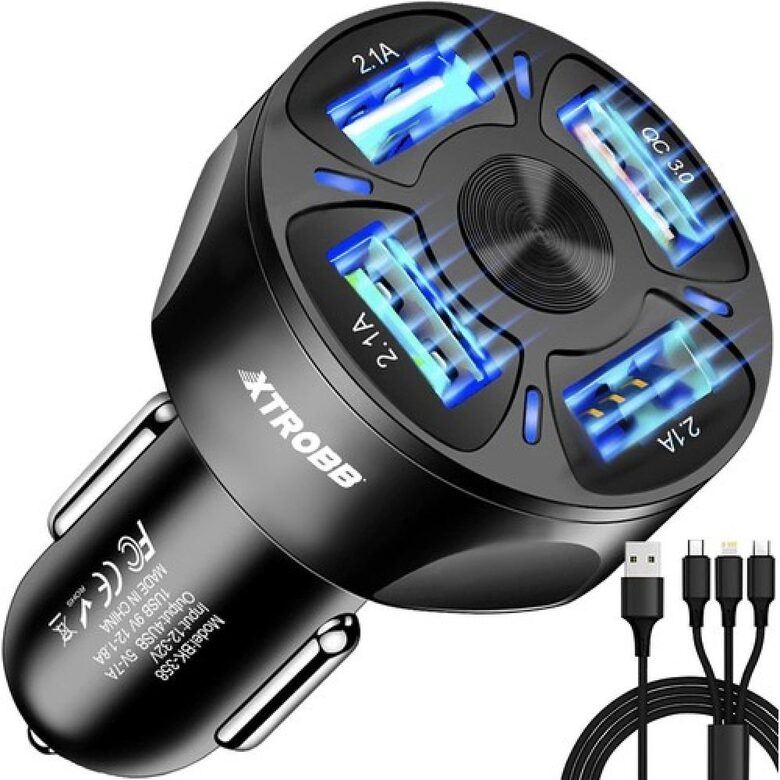 Auto usb lādētājs 2.1-30A, ar 4 USB portiem un universālu vadu (usb-c ; micro usb ; iphone)