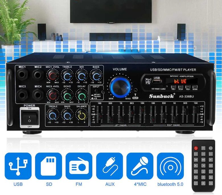 Audio skaņas pastiprinātājs 1200w/2000w. ar ekvalaizeru (12v/220v)