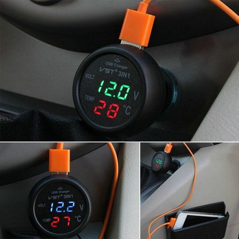 Automašīnas voltmetrs / termometrs / lādētājs 12v 24v