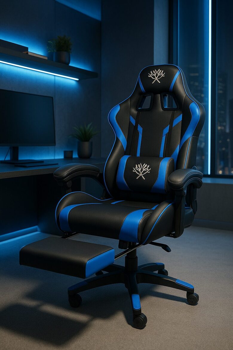 'Geimeru' datorkrēsls ar kāju paliktni, zils ar melnu