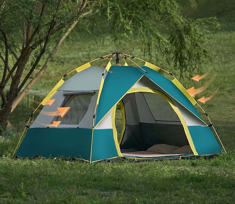 Automātiski atverama 1–4 vietīga ūdensnecaurlaidīga tūristu telts – 210x200x135 cm, UV aizsardzība, ātri uzstādāma