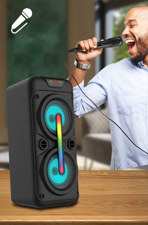 Karaoke Bluetooth Tumba ar mikrofonu un disko gaismām (uzlādējama, sd, usb, bt, Fm, 410x180x170 mm)