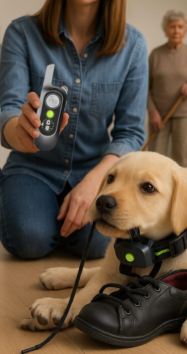 Ierakstāmu Balss komandu Suņu dresūras siksna (500m) ar elektro impulsu, vibrāciju, skaņas signālu, uzlādējama un mitrumizturīga