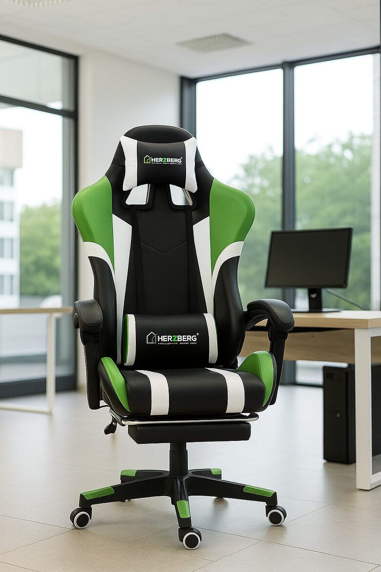 Regulējams Biroja un ofisa DatorKrēsls ar Kāju Balstu, zaļš ar melnu