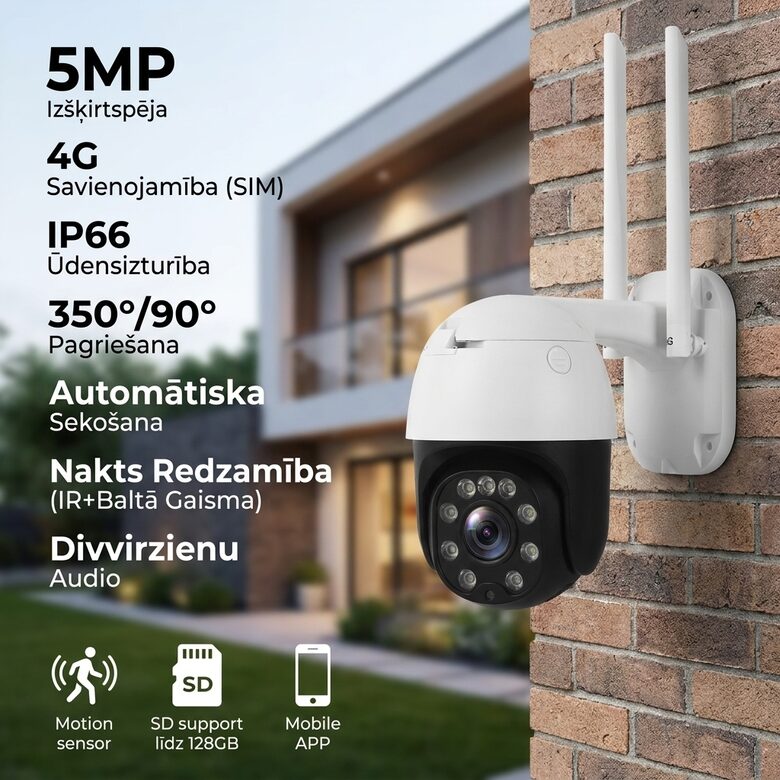 5x Zoom, 4G Video novērošanas kamera ar sim karti (5MP kamera, vadāma no telefona, nakts redzamība, ieraksts, skaņa)
