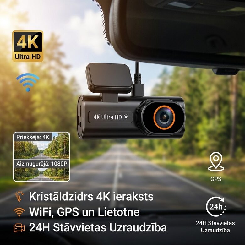 4K auto kamera ar WiFi, GPS un nakts redzamību – Dubulta videoreģistrācija priekšā un aizmugurē (UHD 2160P + 1080P)