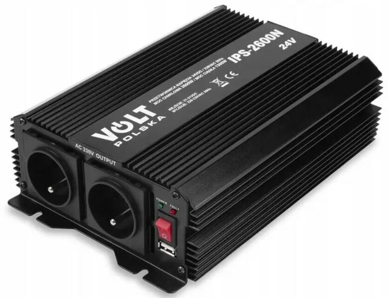 Sinus Strāvas sprieguma pārveidotājs 24V 1300w/2600w, (2 ventilatori, 2 rozetes)