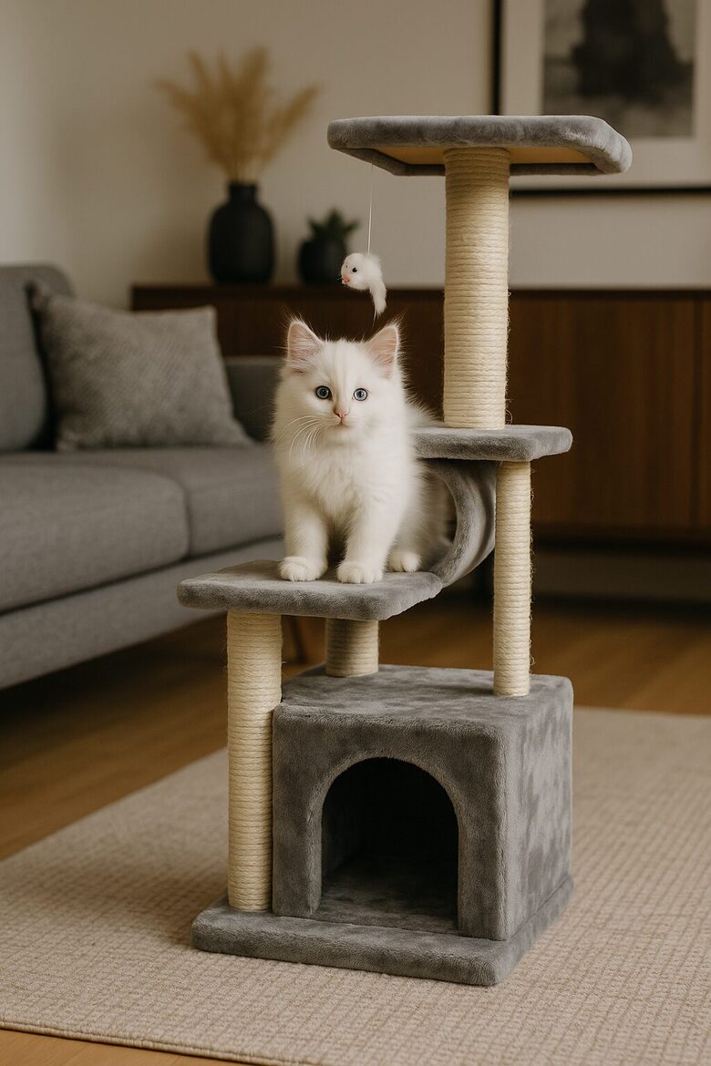 Kaķu māja 3 stāvos ar nagu asināmo, 90 cm, pelēka