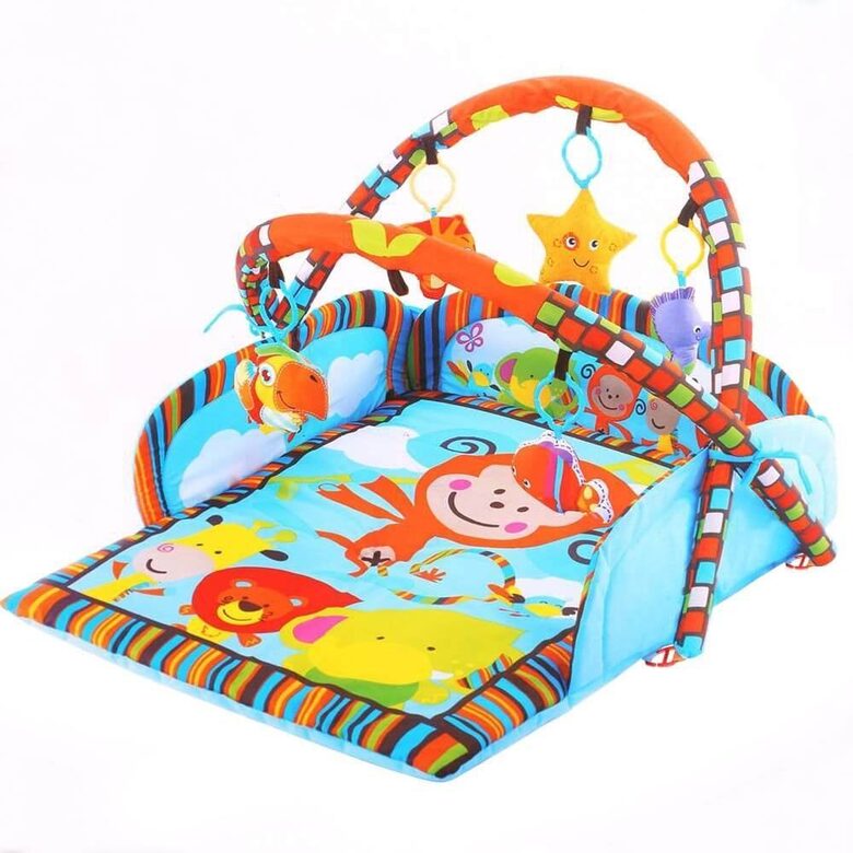 Bērnu aktivitāšu paklājiņš, ar drošības maliņām un mantiņām