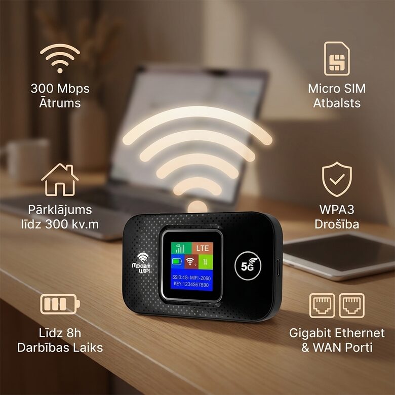 Wifi rūteris 4G/5G, uzlādējams ar SIM karti