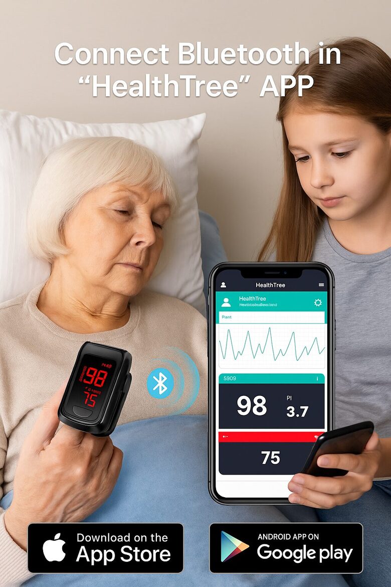 Bluetooth pirksta pulsa oksimetrs ar LED displeju un lietotnes savienojumu – HealthTree