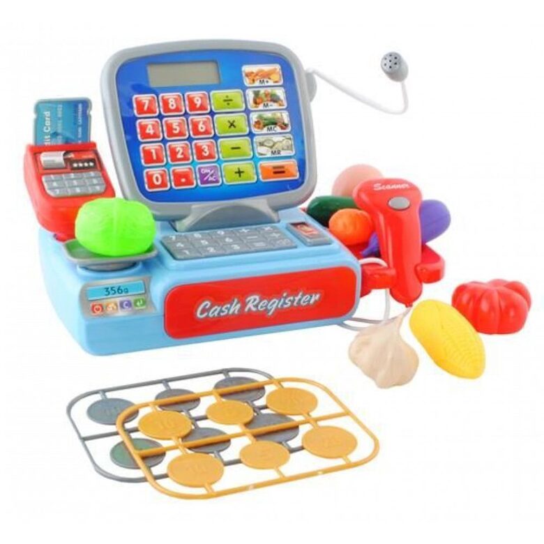 Rotaļu kases aparāts ar precēm, naudu un karšu termināli