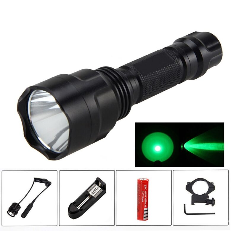 Medību lukturis ar zaļu gaismu. Komplekts: Lukturis, akumulators, lādētājs, kronšteins, distances slēdzis''