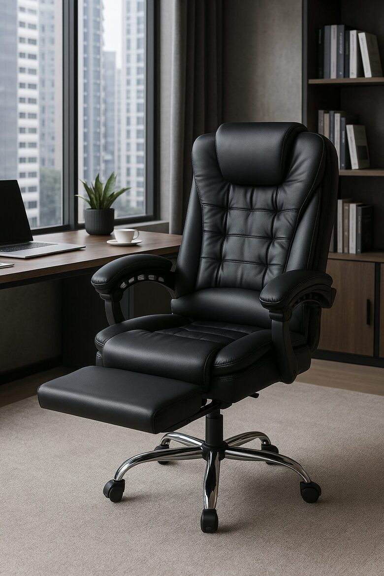 Ofisa krēsls ar kāju balstu, melns datorkrēsls