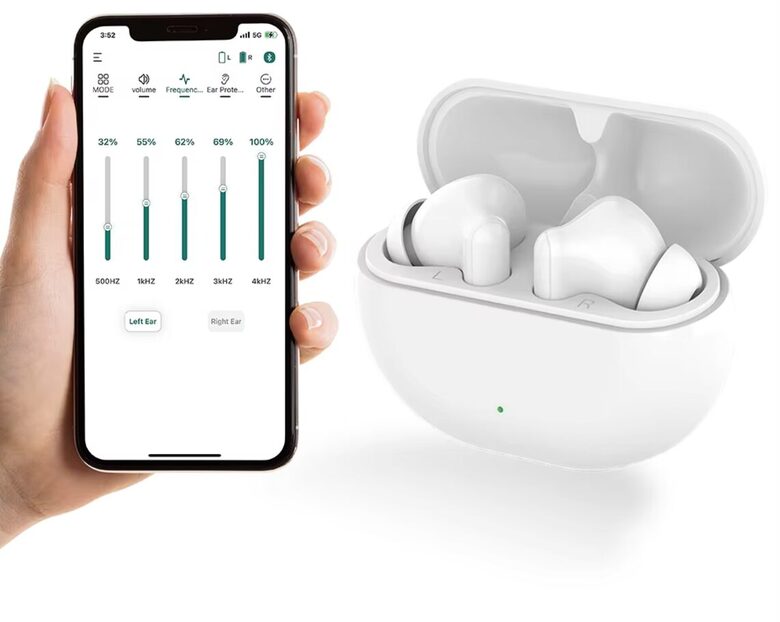 Dzirdes aparāts ar bluetooth un regulējamām frekvencēm, balts
