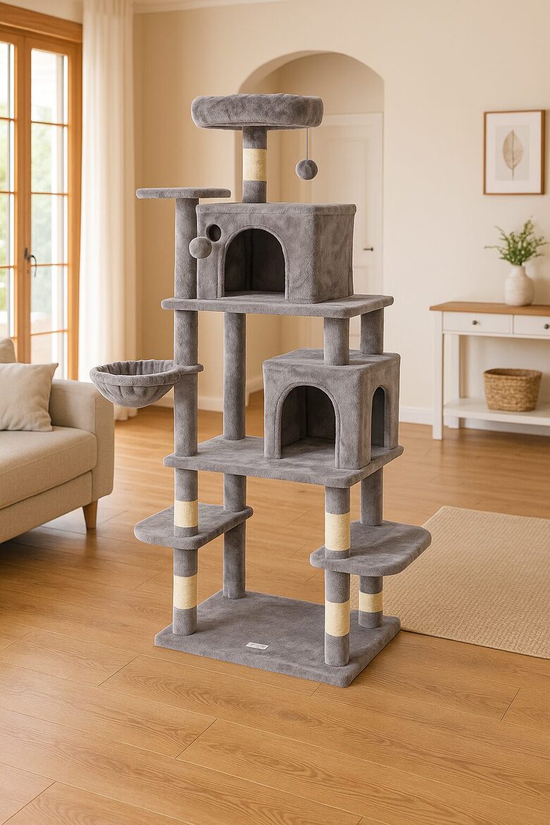 Daudzlīmeņu Kaķu Aktivitātes Centrs 174cm ar Kaķu mājas Guļvietām, Skrāpējamiem Stabiem un Rotaļlietām, gaiši pelēks