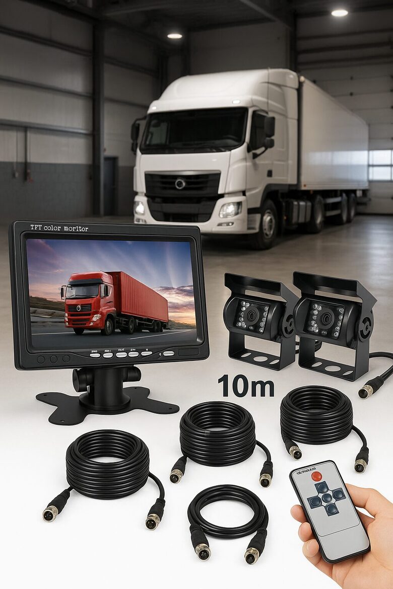 Auto atpakaļskata 2 kameras 10m un monitors 7', 12-24V, ar 18 diodēm un nakts redzamību, komplekts