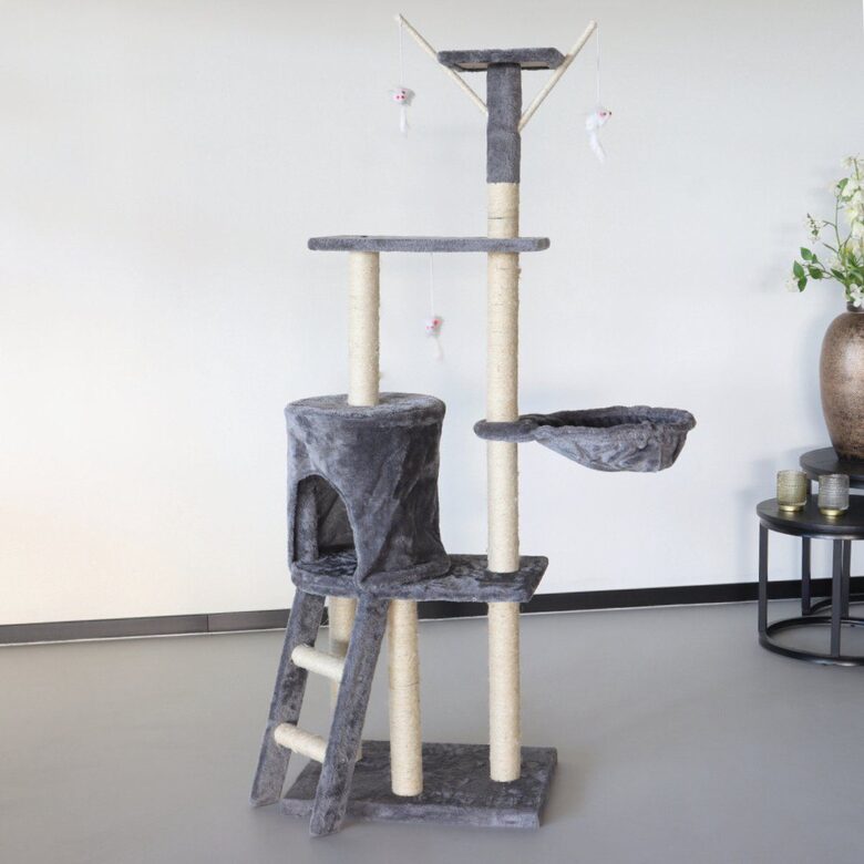 Kaķu māja ar nagu asināmo stabu, 146 x 75 x 45cm, pelēka