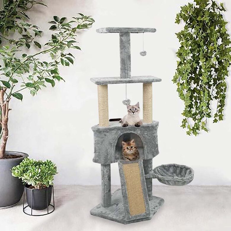 Kaķu māja ar nagu asināmo un guļvietu (125x80x54cm), pelēks