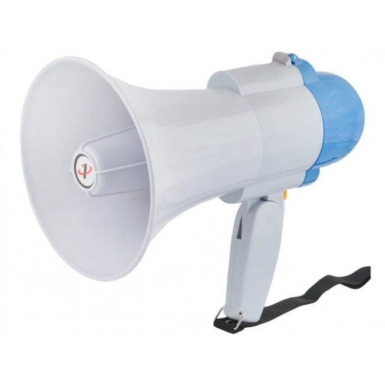 Megafons ar dziesmām, zils ar baltu