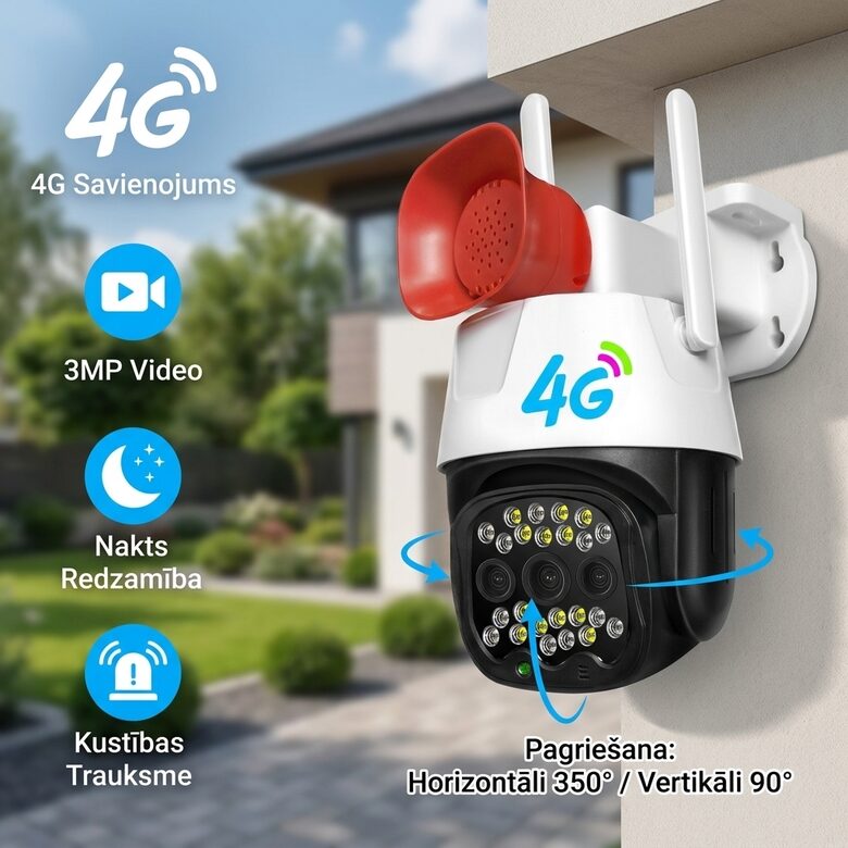 4G Video novērošanas kamera ar sim karti (vadāma no telefona, nakts redzmība, ieraksts, skaņa), ar ļoti skaļu sirēnu
