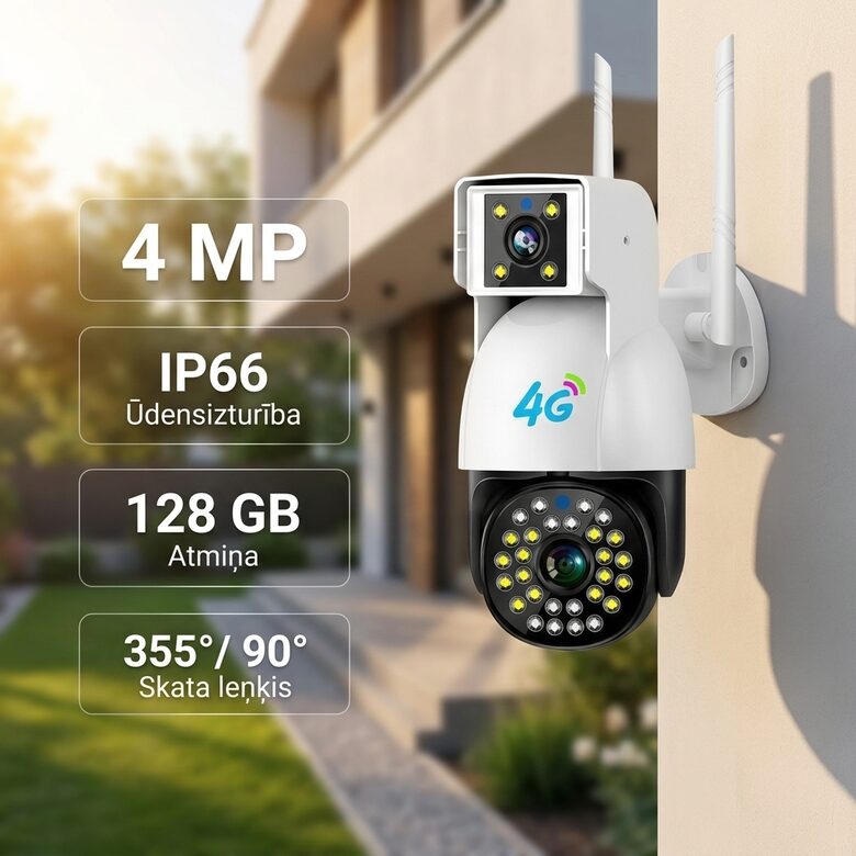 4G video novērošanas kamera ar Sim karti (4MP, 2 objektīvi, Zoom, ieraksts, skaņa)