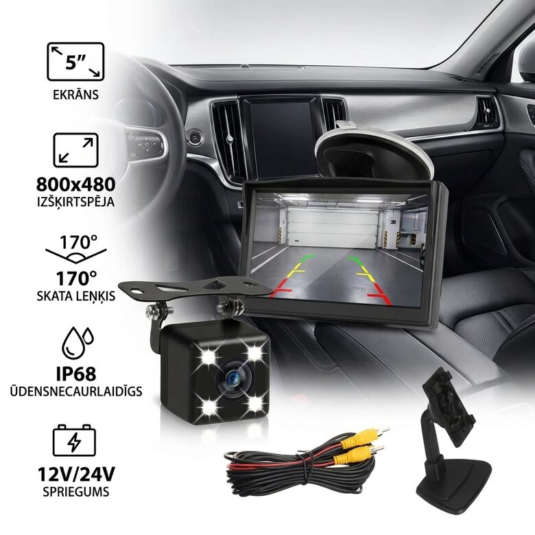 Bezvadu auto monitors ar kameru (12/24v, 5 collas ekrāns), pilns Automašīnas atpakaļskata kameras komplekts
