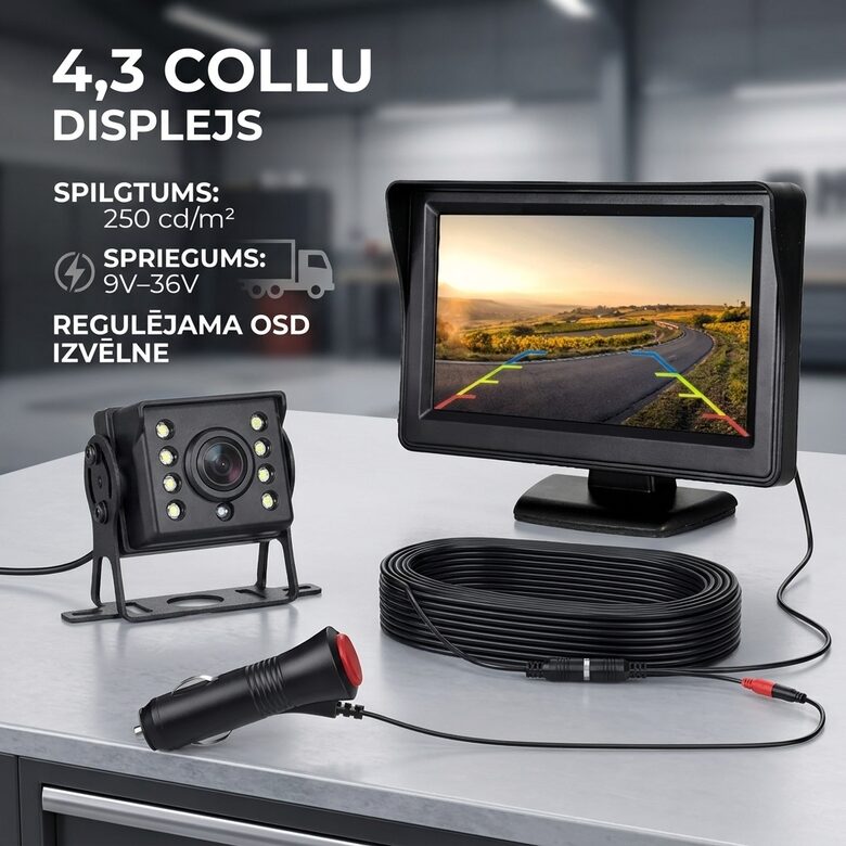 Atpakaļskata kamera ar monitoru, 15m vads, 12/24v