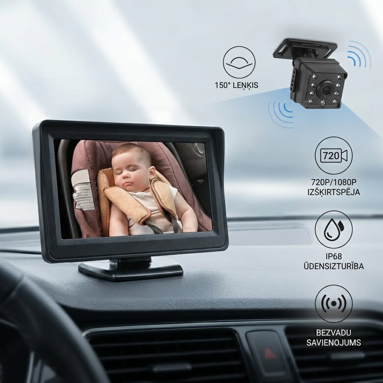 Bērnu auto monitors 4.3 collas 1080P ar nakts redzamību un IR kamera 150°