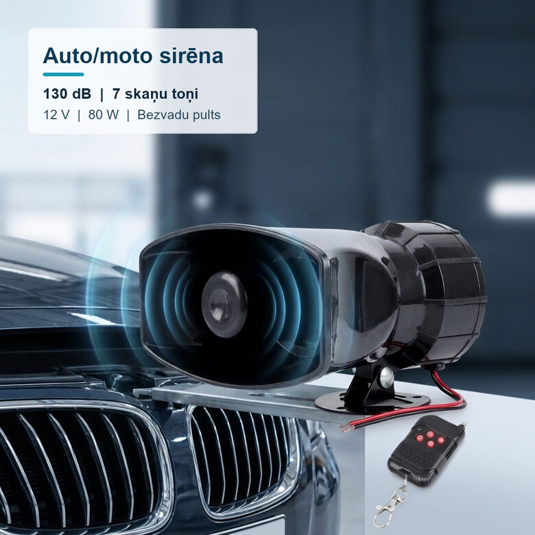 Auto moto sirēna 130 dB 7 skaņu toņi ar bezvadu tālvadības pulti 12V 80W