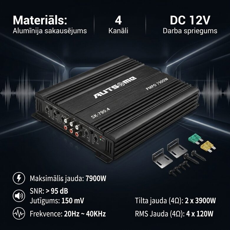 Audio pastiprinātājs 4 kanālu 12v (4Ω 3900W x 2 Ch, RMS Power Output 4Ω 120W x 4 Ch)