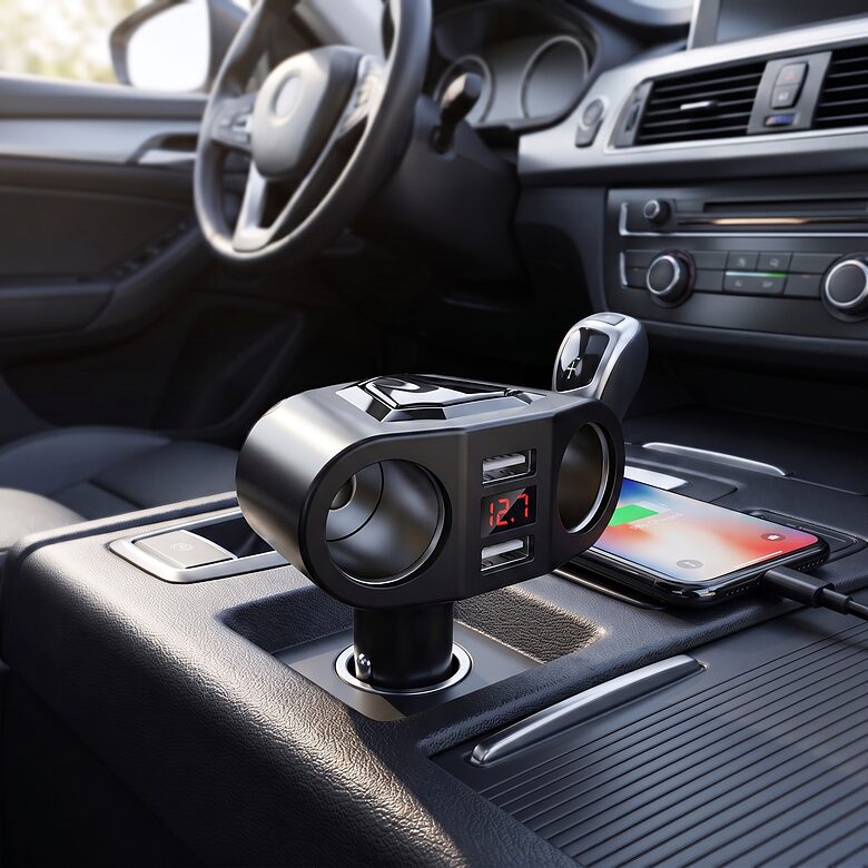 Auto piepīpētāja sadalītājs 2x ligzdas 2x USB lādētājs ar voltmetru 12V 3A