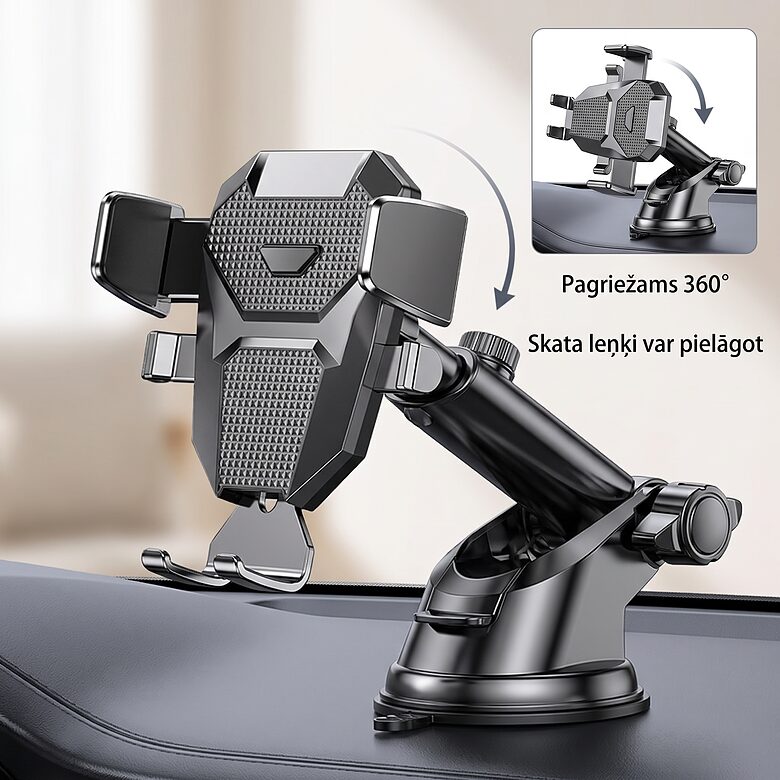 Auto telefona turētājs ar piesūcekni, 360°, melns