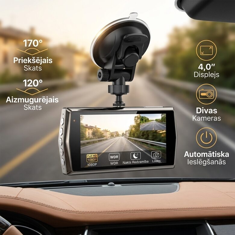 Automašīnas videoreģistrators ar divu objektīvu kamerām un HD displeju, Full HD 1080P, 170 °