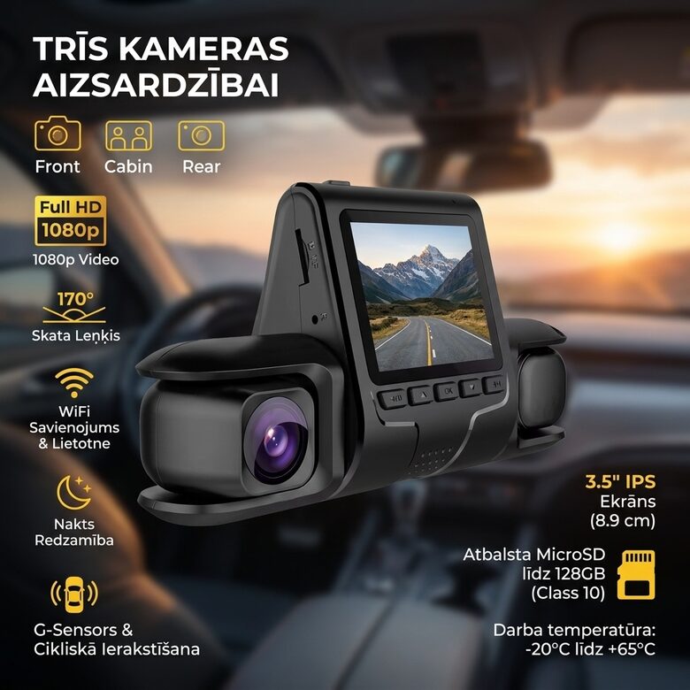 3 kameru auto videoreģistrators ar WiFi,
