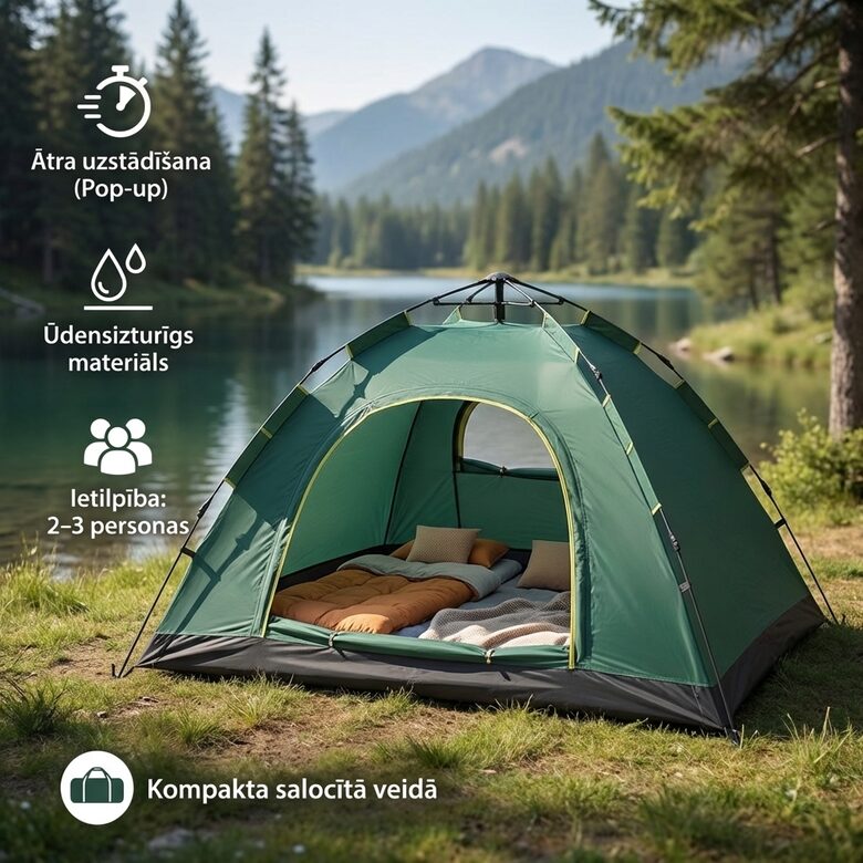 Tūrisma telts zaļā krāsā ar izturīgu karkasu