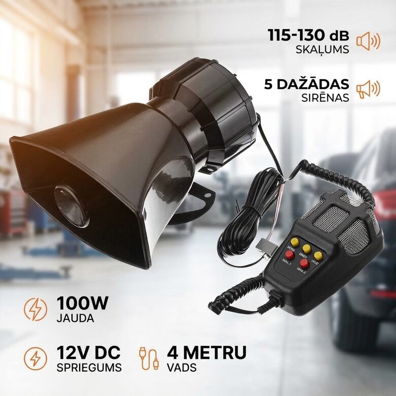 Automašīnas/motocikla brīdinājuma sirēna-skaļrunis, ļoti skaļa 115-130 (DB) (5 dažādas skaņas), 100W, ar pulti