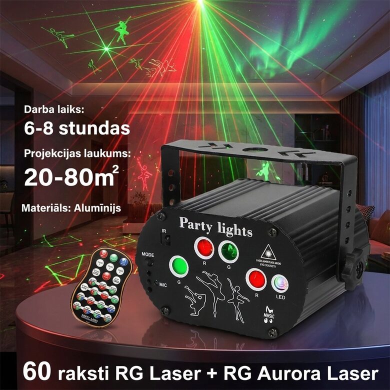 Lāzera projektors ar pulti + AURA LIGHT, 60 dažādi objekti (raksti), RGB, LED disko gaisma